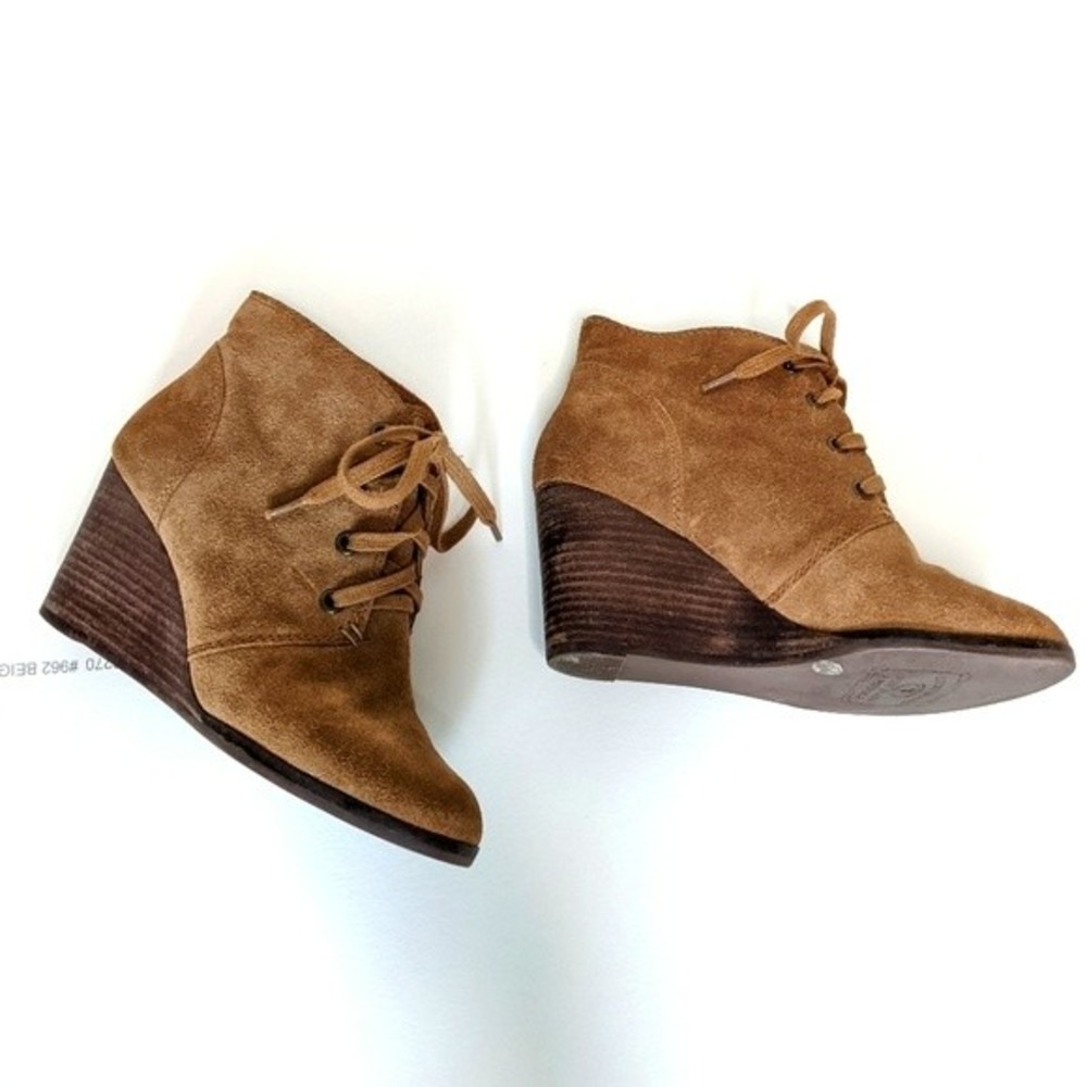 Lucky Brand Tan Suede Leather Almond Toe Wedge Heel Ankle Booties